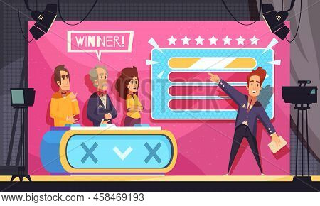 Popular Tv Guess Word Game Television Show Final Moment Cartoon Composition With Host Contestants Wi