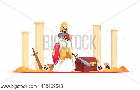 Wicked Fierce Warrior In Helmet Bringing Destruction Death With Shield Sword Among Ruins Cartoon Com