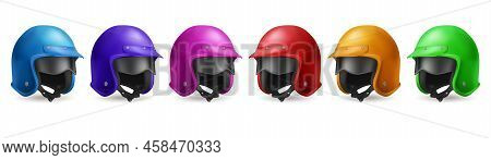 Motorcycle Helmet For Moto Race And Ride On Scooter. Vector Realistic Set Illustrations Of 3d Retro 