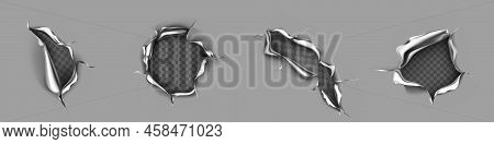 Metal Rip Holes With Curly Edges, Ragged Cracks, Cut Damage On Steel Sheet. Torn Slash, Gun Aperture