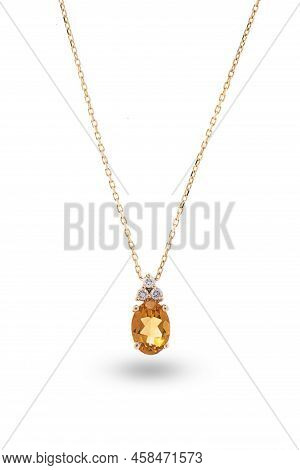Gold Necklace With Diamonds And Citrine, Isolated On White