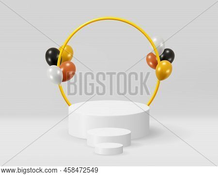 3d White Podium With Gold Ring And Metallic Balloon. Render Luxury Product Stage. Platform With Gold