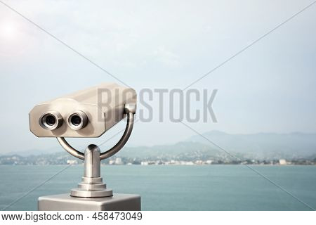 Metal Tower Viewer Installed Near Sea, Space For Text. Mounted Binoculars