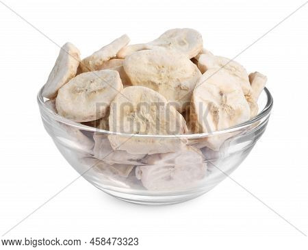 Freeze Dried Bananas In Bowl On White Background