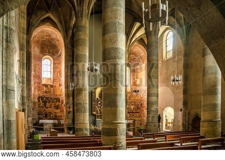 Mustair,switzerland - June 21,2022 - View At The Interior Of Church Of Saint John In Mustair. The Ab