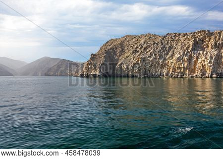 Oman Fjords Sea Landscape View With Dolphin, Khasab.