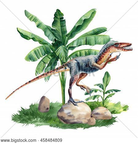 Watercolor Dinosaur Isolated On White Background. Dinosaur On Landscape With Nature Palm Trees