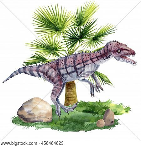 Watercolor Dinosaur Isolated On White Background. Dinosaur On Landscape With Nature Palm Trees