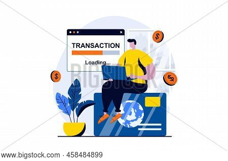 E-payment Process Concept With People Scene In Flat Cartoon Design. Man Makes Online Financial Trans