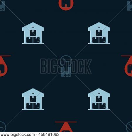 Set Location With Cardboard Box, Cardboard Clock And Full Warehouse On Seamless Pattern. Vector