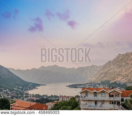 Sunset At Kotor Bay Montenegro. Sunset Beautiful Landscape. Travel Concept. Montenegro, Kotor Bay. V