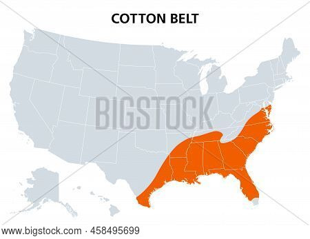 Cotton Belt Of The United States, Political Map. Region Of The American South, From Delaware To East
