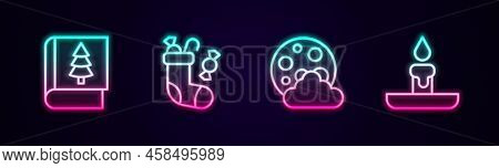 Set Line Christmas Book, Stocking, Night And Burning Candle. Glowing Neon Icon. Vector