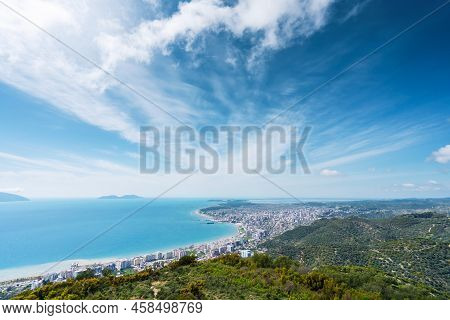 Attractive Spring Cityscape Of Vlore City From Kanines Fortress. Captivating Morning Sescape Of Adri