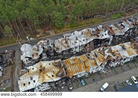 Hostomel, Kyev Region Ukraine - 09.04.2022: Top View Of The Destroyed And Burnt Houses. Houses Were