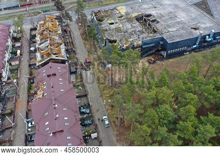 Hostomel, Kyev Region Ukraine - 09.04.2022: Top View Of The Destroyed And Burnt Houses. Houses Were
