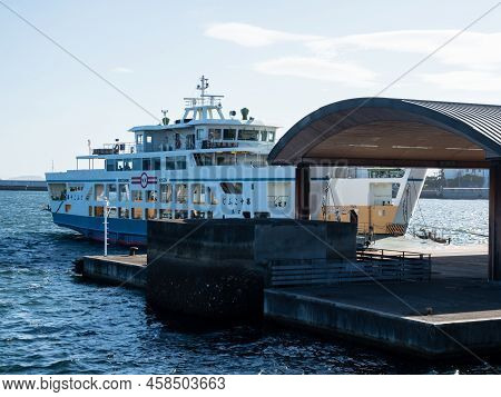Hiroshima, Japan - August 24, 2018: Ninoshima Ferry Boat Docked At Ujina Terminal Of Hiroshima Port
