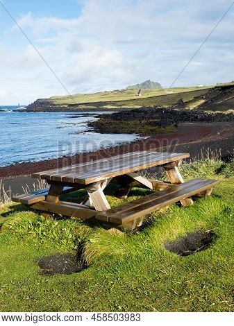 Picnic Table On Klauf Beach, Heimaey Island - Westman Islands, Iceland