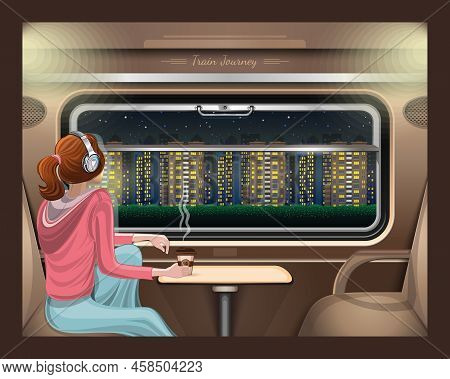 Girl In Headphones Looks At The Night City From The Train Window. Train Journey. Girl Listens To Mus