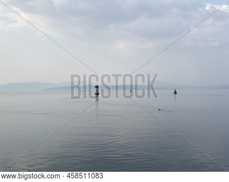 Single Lighthouse Mindfulness Empty Background With Ocean And Blank Sky