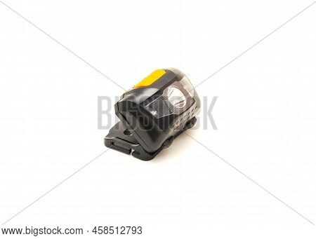 Side View Double Switches On Black Headlamp With White Led Bulb Isolated On White Background