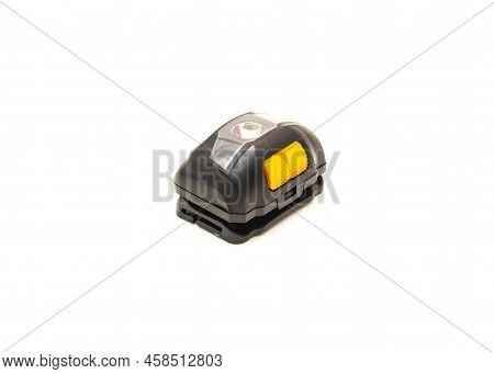 Side View Double Switches On Black Headlamp With White Led Bulb Isolated On White Background