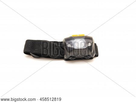 Elastic Band And Black Headlamp With White Led Bulb Isolated On White Background