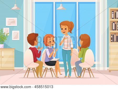 Colored Cartoon Group Therapy Composition With Four Children Talk On Group Therapy Vector Illustrati