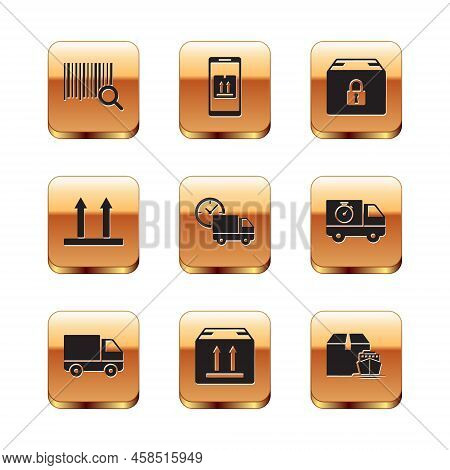 Set Search Barcode, Delivery Cargo Truck Vehicle, Cardboard Box With Traffic, And Clock, This Side U
