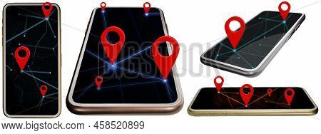 Smartphone And Route Pin Coordinates In The Maps Application Coordinate Pins Gps Map Navigation 3d I
