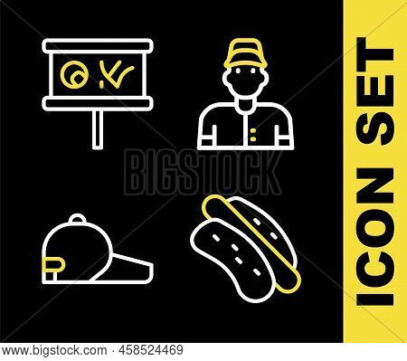 Set Line Baseball Player, Hotdog Sandwich, Cap And Planning Strategy Icon. Vector