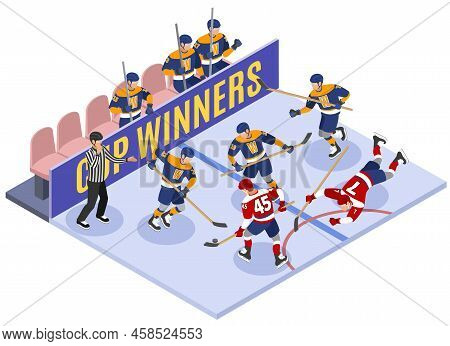 Ice Hockey Cup Winners Game Moment Isometric Composition With Rule Violation Referee Assessing Penal