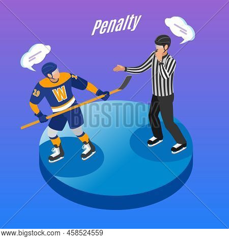 Ice Hockey Round Isometric Degrade Background Composition With Referee Sending Offending Player In P