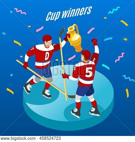Ice Hockey Cup Winners Celebration Isometric Round Composition With Two  Players With Trophy Festive
