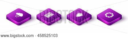 Set Isometric Cloud With Rain, Paper Or Financial Check, Shield And Camera Shutter Icon. Vector