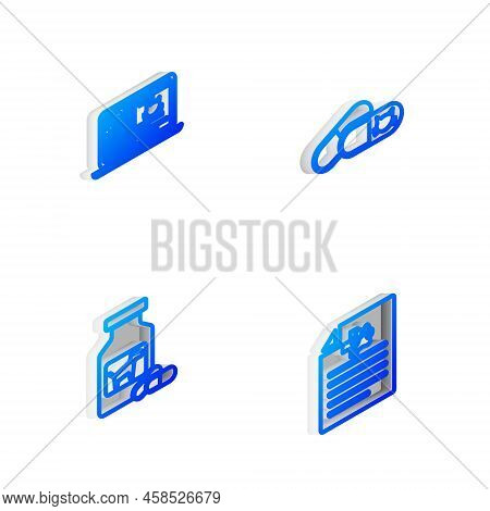 Set Isometric Line Cat And Pills, Clinical Record Cat On Laptop, Dog Medicine Bottle And Medical Cer