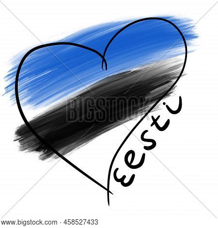 Estonia Eesti Heart With The Name Of Country And Flag Colors Blue Black White. National Independence