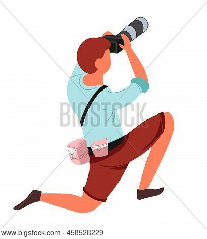 Photographer Journalist Or Papparazzi And Photo Camera Vector Isolated Male Character On Knees With 