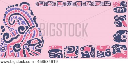 Frame Of Symbols, Letters, Masks And Images Of The Ancient Mayan And Toltec Civilizations