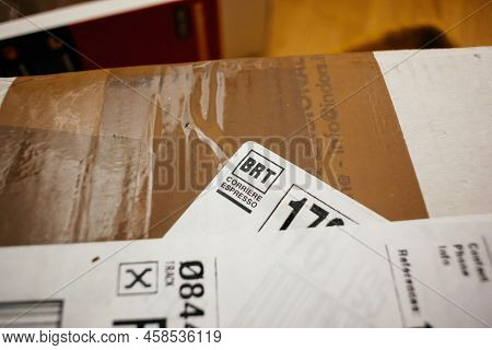 Milano, Italy - May 11, 2022: Close-up Macro Of The Sticker On Parcel From With Brt Espresso Formerl