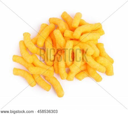 Many Tasty Cheesy Corn Puffs Isolated On White, Top View
