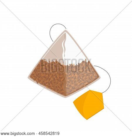Tea Bag Cartoon. White Teabag, Black Label Herbal Tag, Paper String, Hot Drink Tea Bag Vector Illust