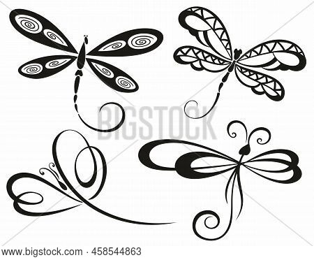 Modern Stylized Graphic Black And White Animalistic Pattern. Openwork Flat Silhouettes Of Dragonflie