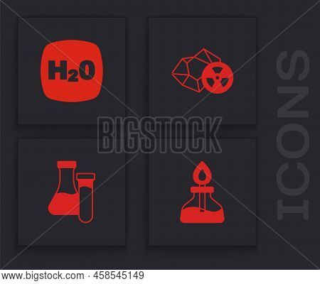 Set Alcohol Or Spirit Burner, Chemical Formula H2o, Radioactive And Test Tube Icon. Vector