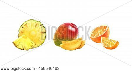 Watercolor Orange, Mango, Ananas Fruits. Realistic Botanical Watercolor Floral Set. Whole And Half S