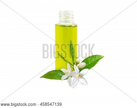 Neroli Essential Oil In The Bottle And Orange Tree Fragrant Flowers, Leaves And Buds Isolated Png.