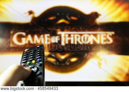 Belgrade, Serbia - July 22, 2022: Game Of Thrones Hbo Tv Series On Tv With Remote Control In Hand. O