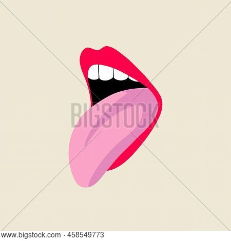 Open Female Human Mouth With Tongue, Teeth In Modern Flat, Line Style. Hand Drawn Vector Illustratio