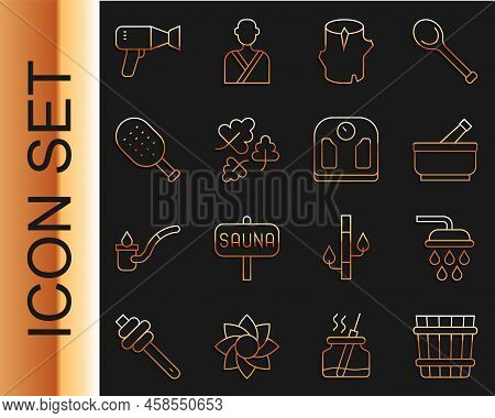 Set Line Sauna Bucket, Shower, Mortar And Pestle, Wooden Log, Oak Leaf, Brush, Hair Dryer And Bathro