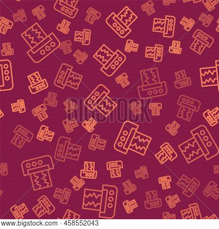 Brown Line Seismograph Icon Isolated Seamless Pattern On Red Background. Earthquake Analog Seismogra